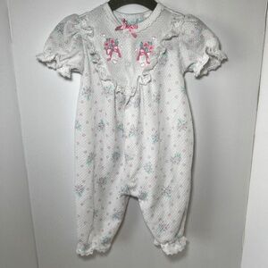 Vintage Babygro Pink Floral Waffle Knit Romper Cottagecore Lace Ruffle One Piece